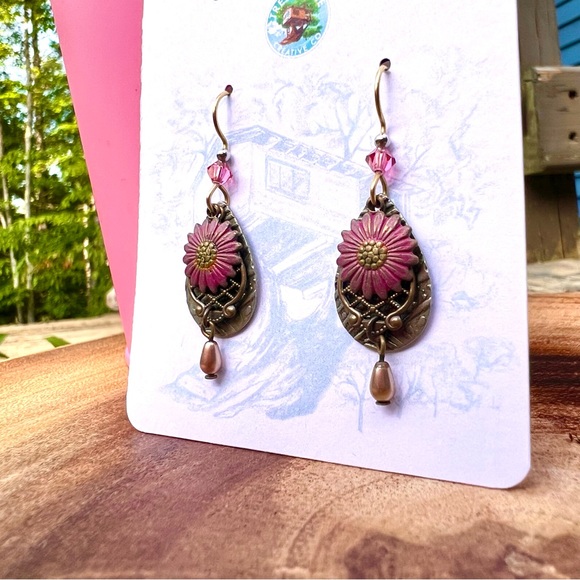 Pink and Gold Floral Dangle Drop Earrings - Picture 6 of 6